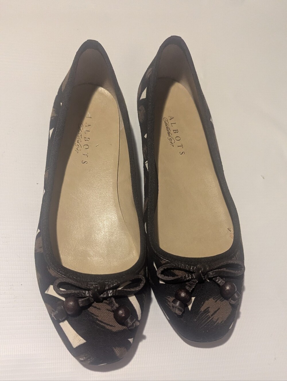 Talbots Black Printed Ballet Flats with Bow and Bead Detail